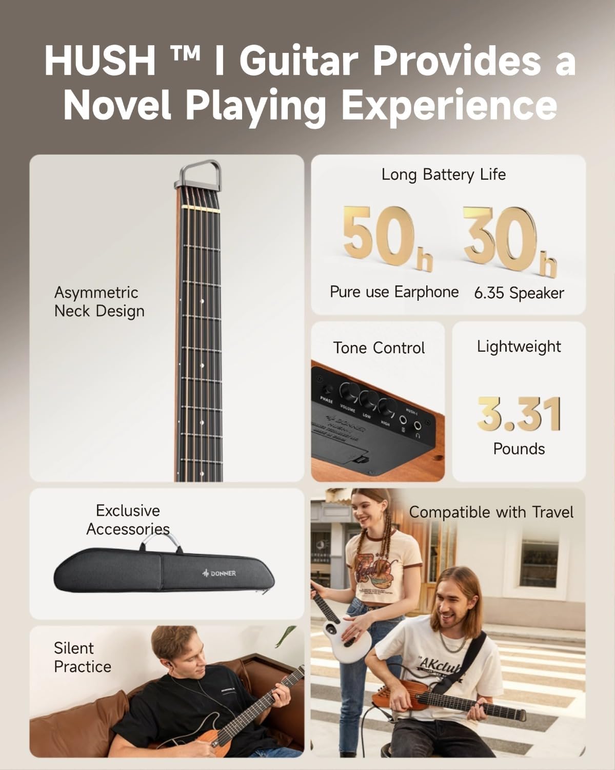 Donner HUSH-I Guitar For Travel – Portable Ultra-Light and Q…