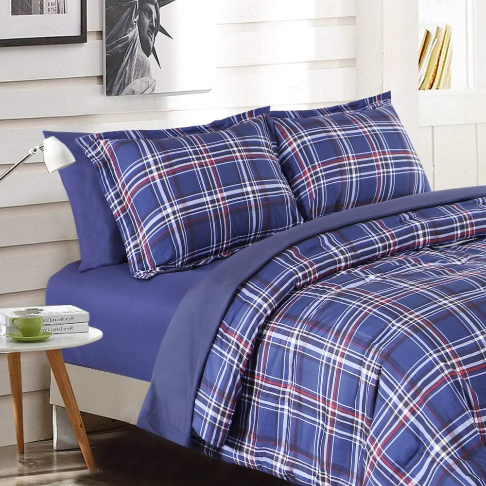 EMME Queen Plaid Comforter Set with Sheets Bed in A Bag 7-Pi…