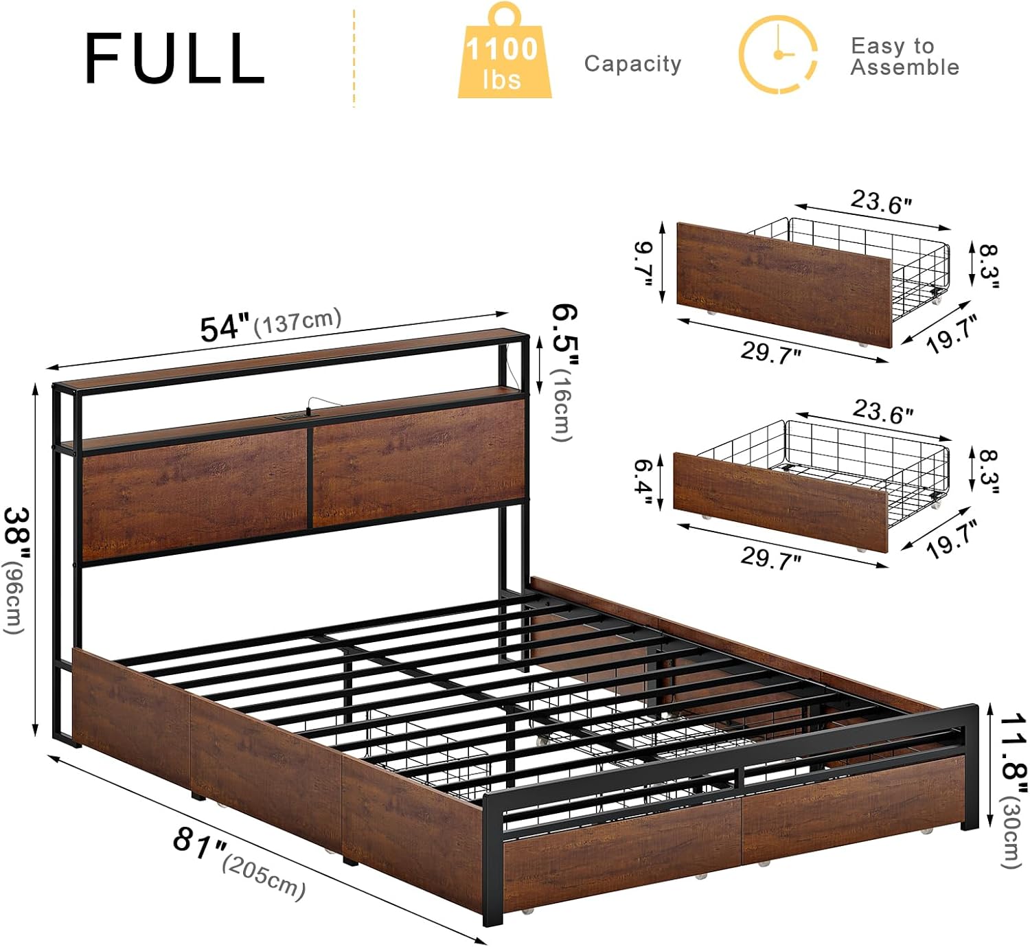 HAUSOURCE LED Bed Frame Full Size with Headboard & 4 Storage…