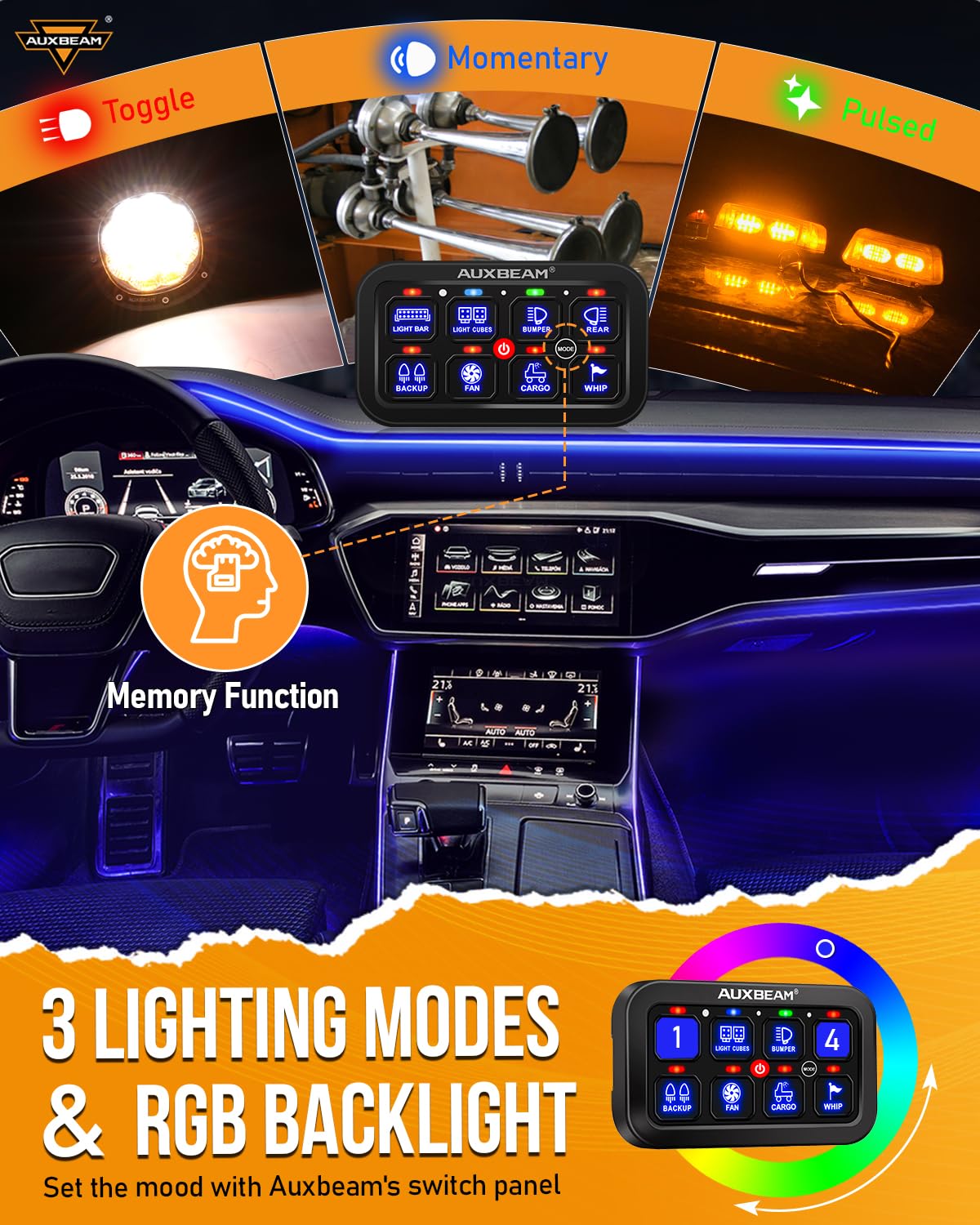 Auxbeam 8 Gang Switch Panel RA80 Auto-Dimmable RGB Switch Pa…