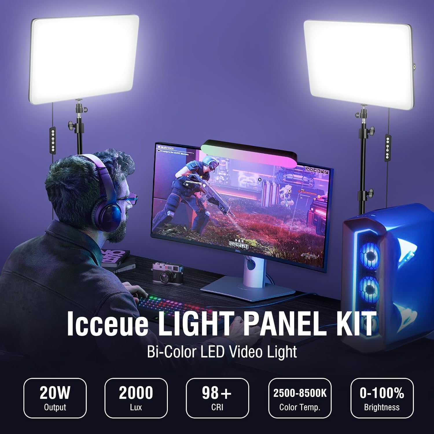 2-Pack LED Video Light Kit with 63” Tripod Stand, Icceue 25…