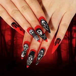 24 PCS Press On Nails Halloween Skeleton Ghost Face Blood Dr...