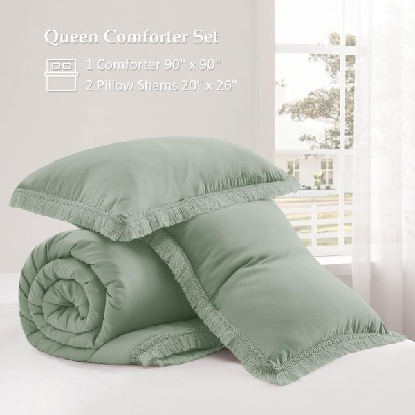 downluxe Queen Comforter Set Sage Green, 3 Pieces Boho Tasse... - Image 7