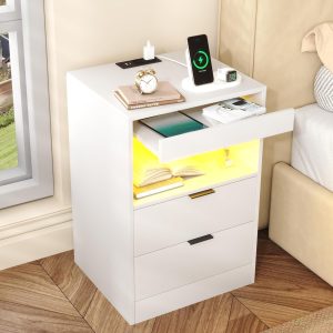 Gadroad LED Nightstand Bedside Table with Charging Station, ...