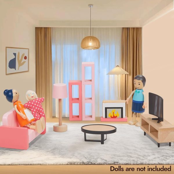 32pcs Pink Wooden Dollhouse Furniture Set for 5 Rooms, Wood ... - Image 4