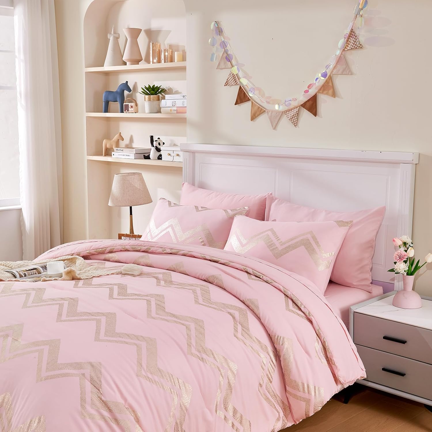 Wowelife 6 Pieces Pink Twin Comforter Set for Girls and Boys…