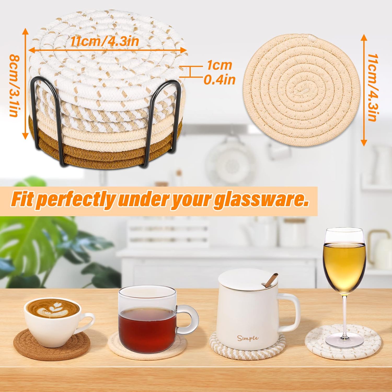 Mckanti Drink Coasters Set of 8, 4 Colors Absorbent Cotton W…