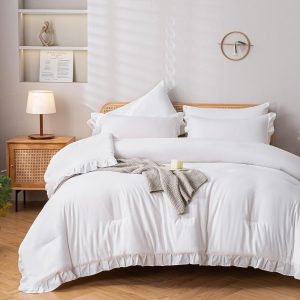 YIKUSH Queen Comforter Set White Comforter 3PCS (1 Ruffle Co...