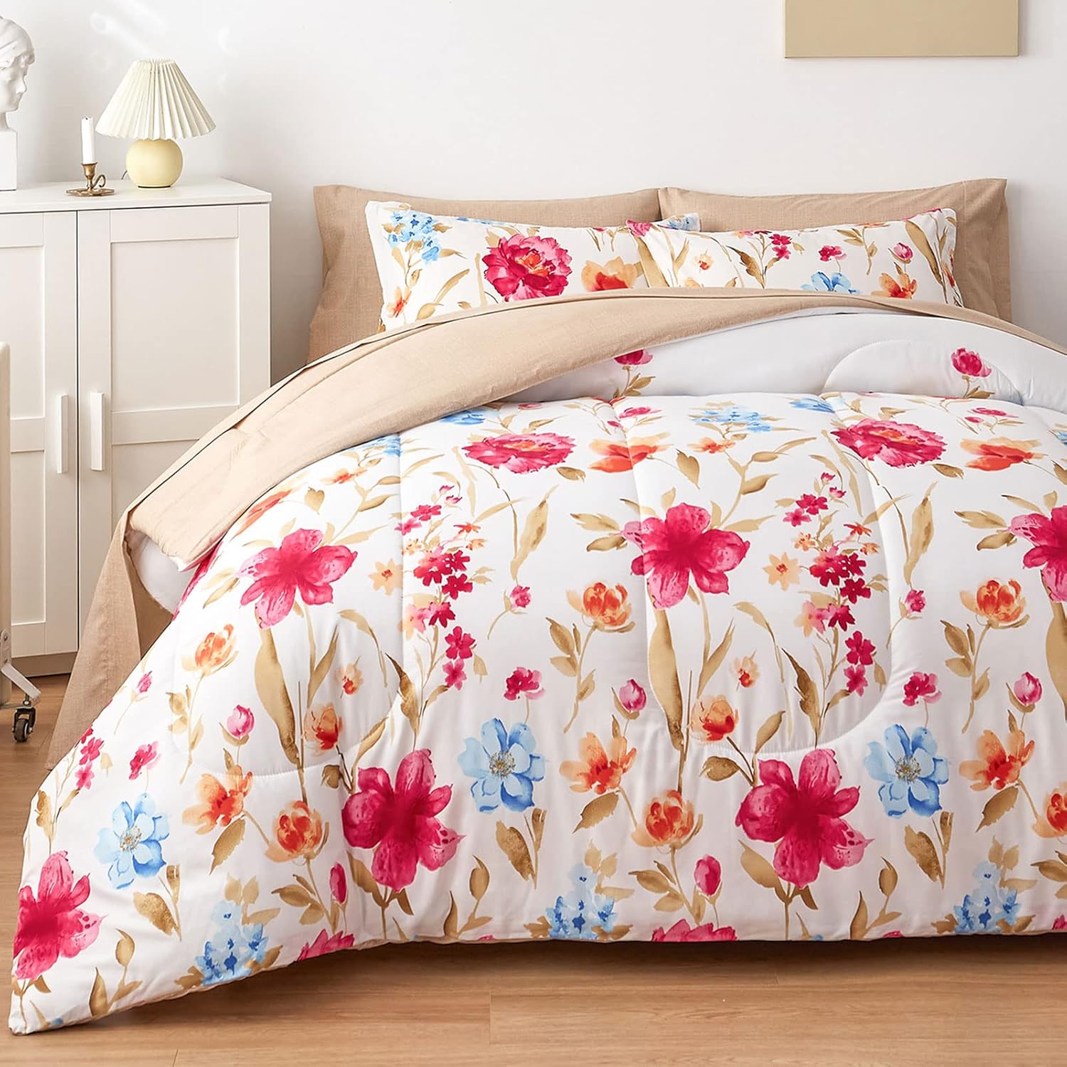7 Piece Bed in a Bag Queen, Colorful Flower Golden Leaves Bo…