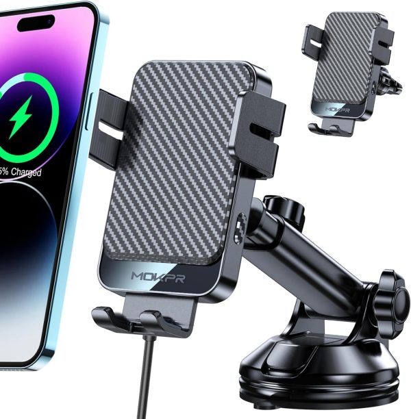 Wireless Car Charger, MOKPR 15W Fast Charging Auto-Clamping ...
