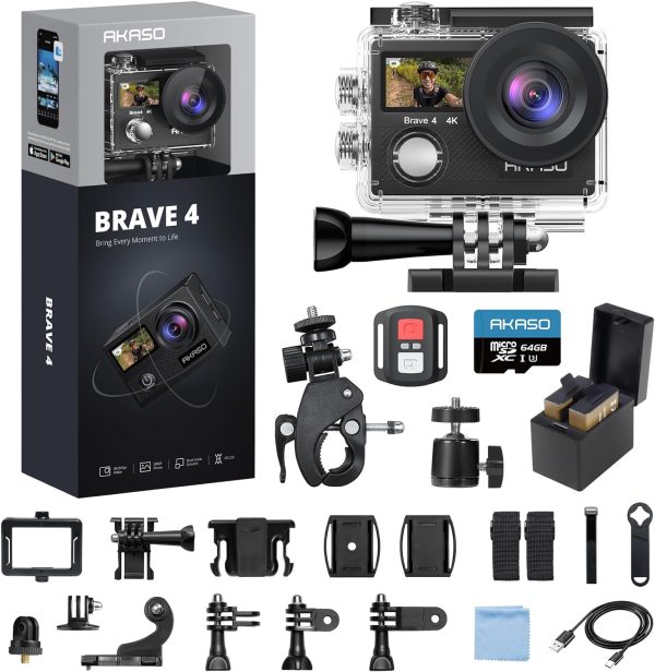AKASO Brave 4 4K30fps Action Camera with 64GB MicroSDXC Memo...
