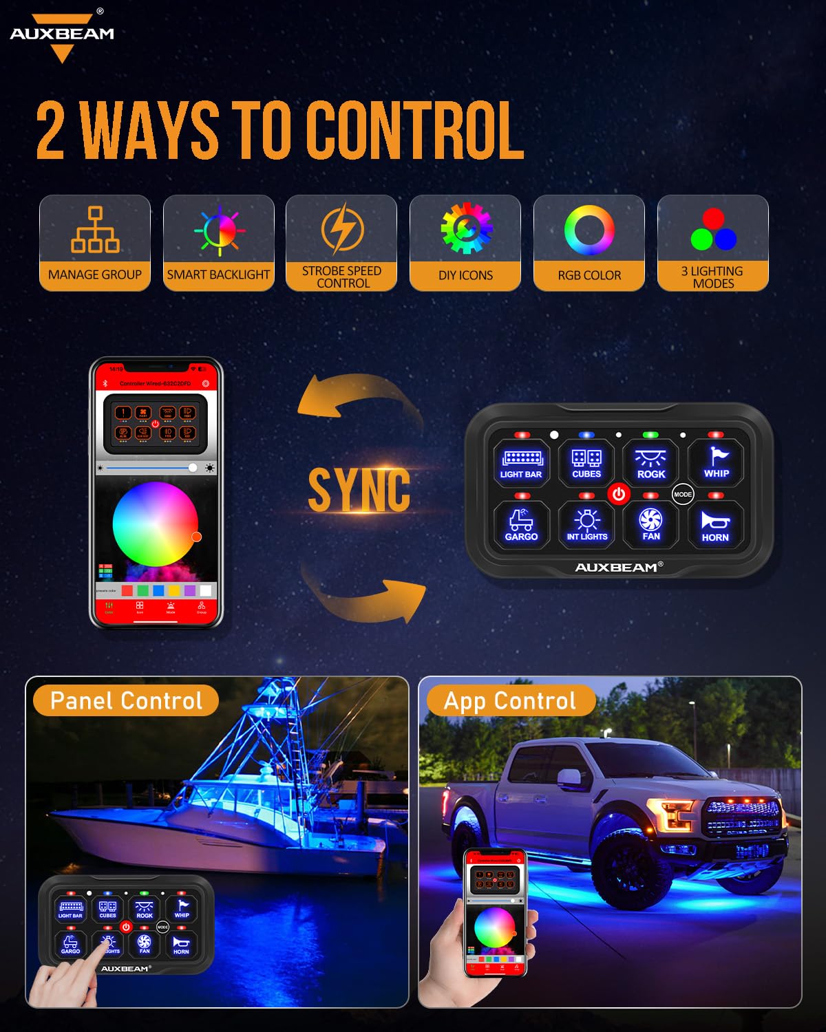 Auxbeam 8 Gang Switch Panel w/Backlit Off Bluetooth AR-800 T…