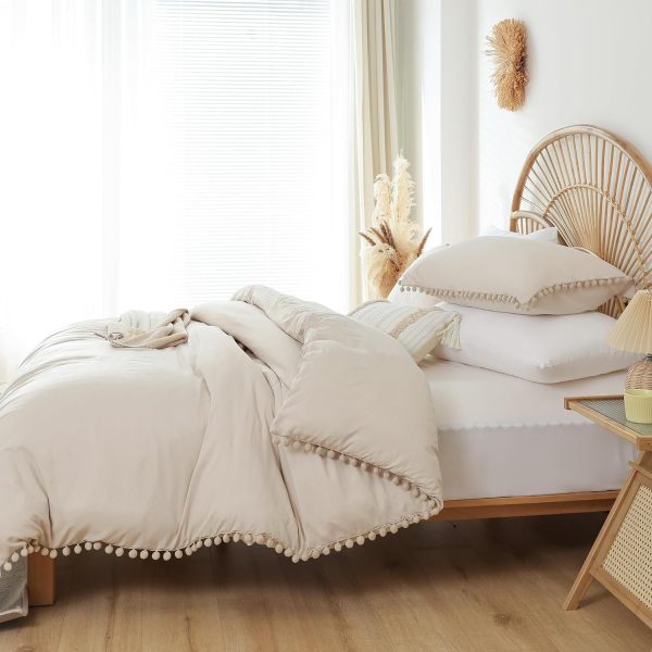 YIKUSH Queen Comforter Set Beige Comforter Set with Ball Pom... - Image 6