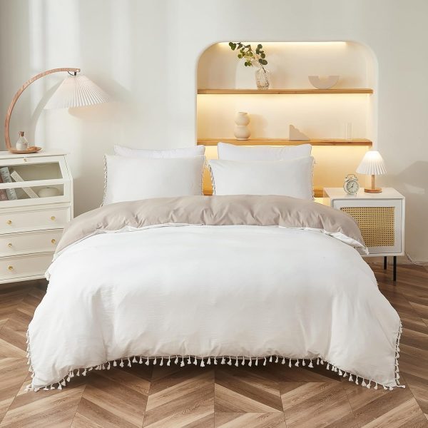 Merryword Taupe White Comforter Bedding Set King Boho White ... - Image 2