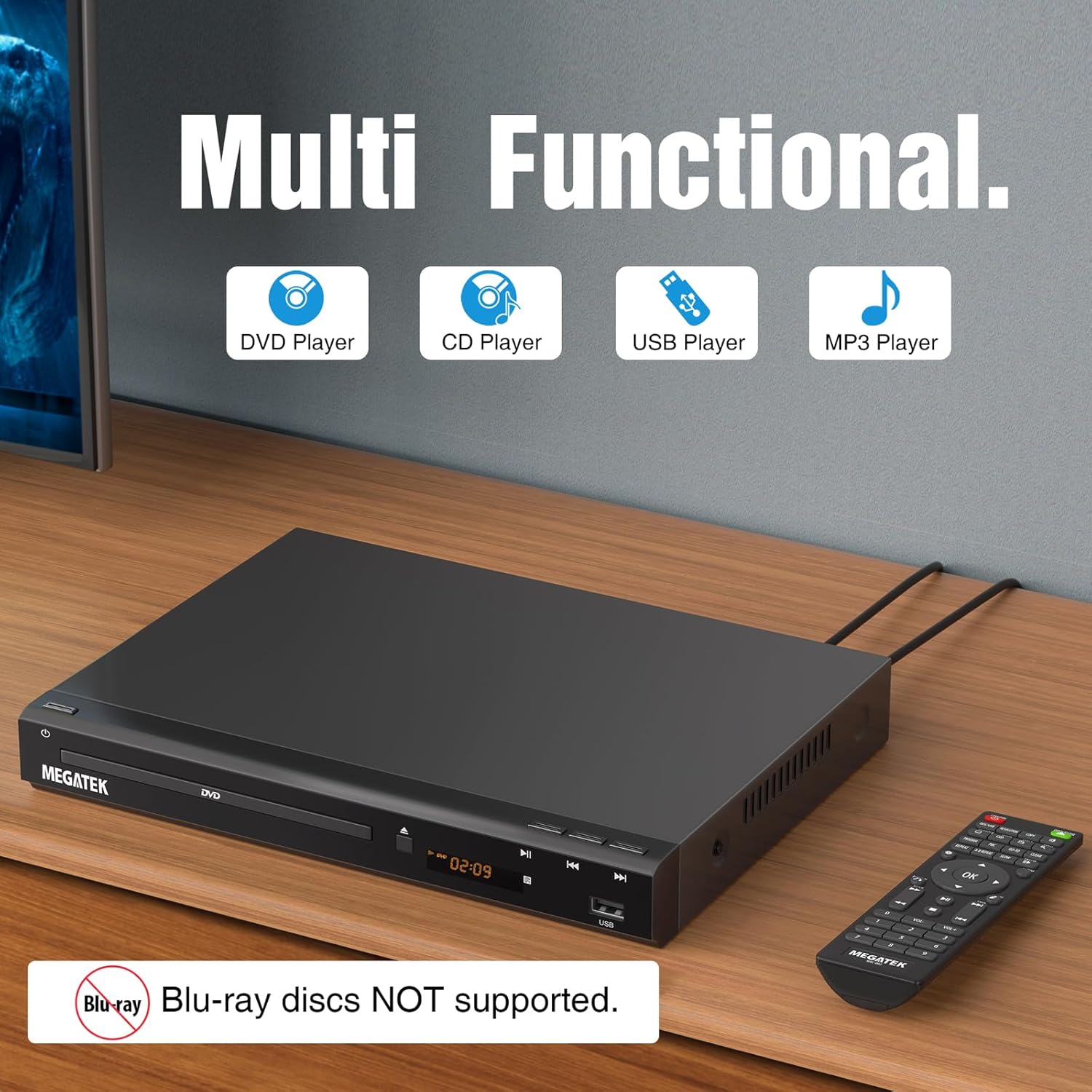 MEGATEK Region-Free HDMI DVD Player for TV, Compact CD/DVD P…