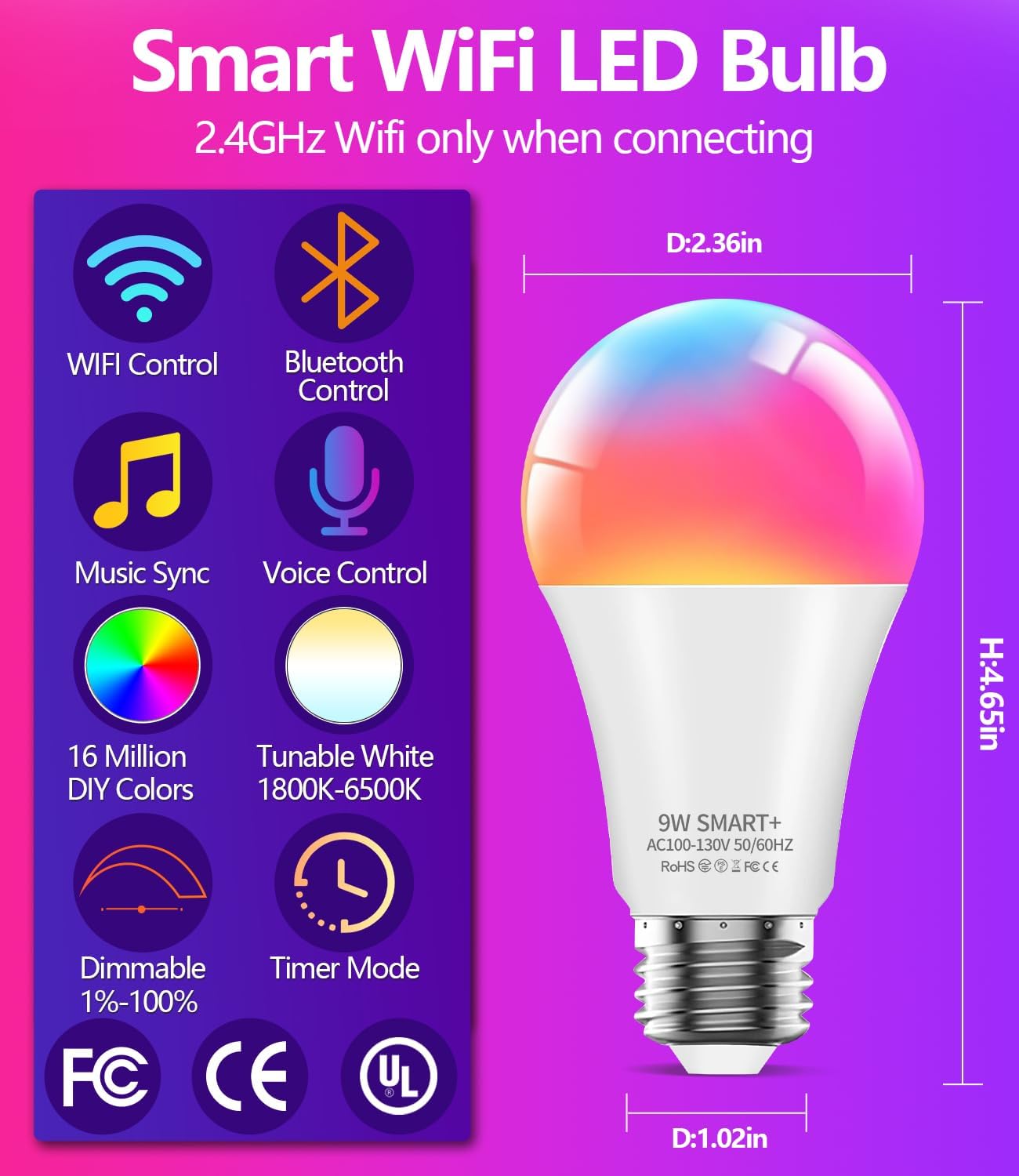 Luckystyle Smart LED Light Bulbs 6 Pack, 9W A19 WiFi Bluetoo…