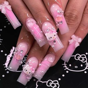 24PCS French Pink Kitty Press on Nails,Cute Kawaii 3D False ...