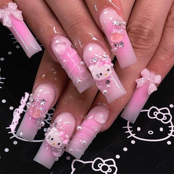 24PCS French Pink Kitty Press on Nails,Cute Kawaii 3D False ...
