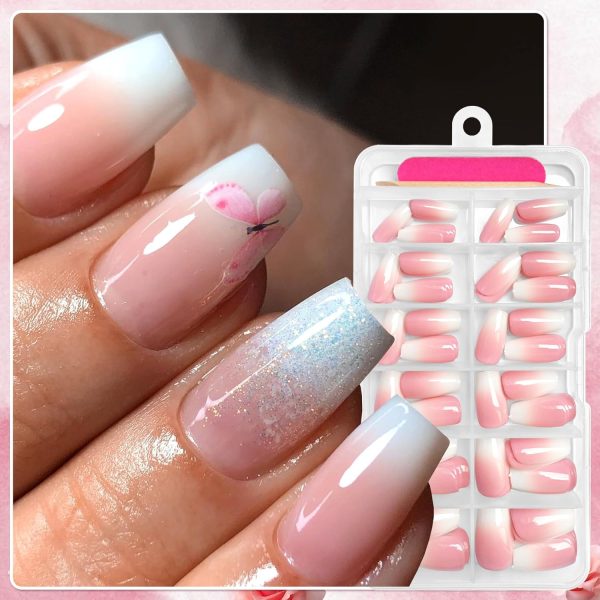 AddFavor 120pcs Ombre Press on Nails - Pink White Gradient F... - Image 3