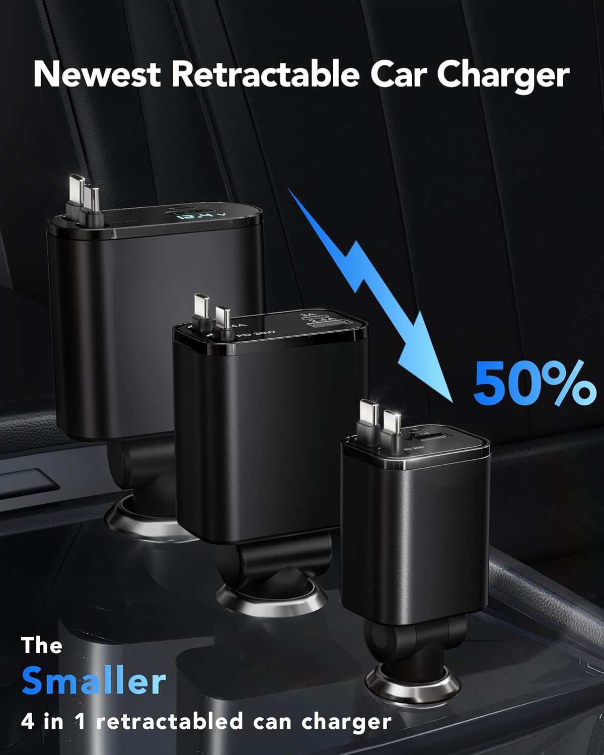 Retractable Car Charger, 4 in 1 Fast Charging Car Phone Char…