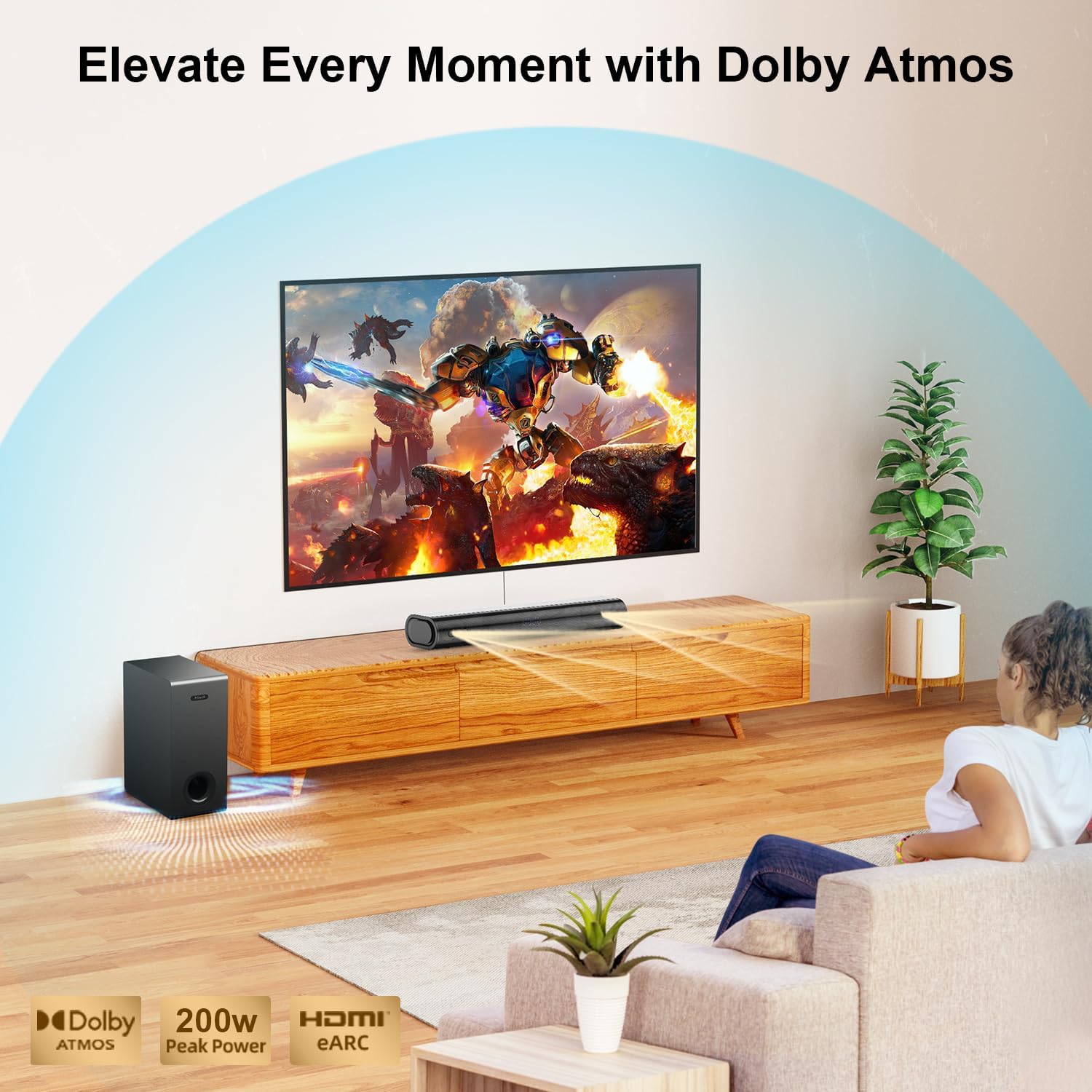 Hiwill 2.1CH Dolby Atmos Sound Bar for TV, 200W Peak Power 2…