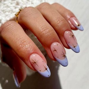 24Pcs Star French Tips Short Oval Press on Nails, Blue Pink ...