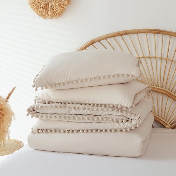 YIKUSH Queen Comforter Set Beige Comforter Set with Ball Pom... - Image 7