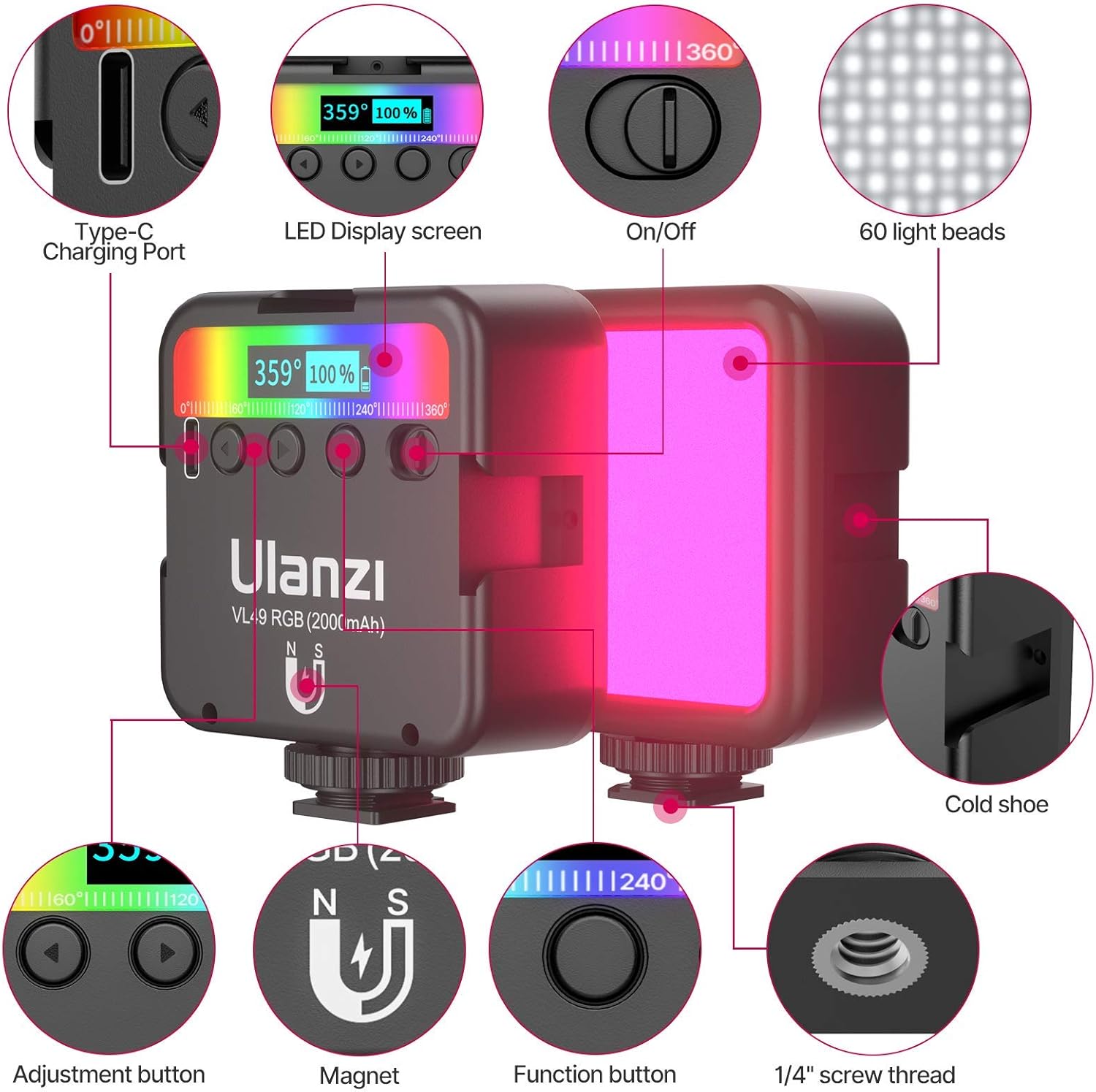 ULANZI VL49 RGB Video Lights, LED Camera Light 360° Full Col…