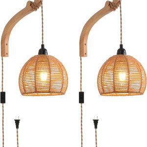 Plug in Wall Sconce,Farmhouse Wicker Wall Lamp Plug in,Hand ...