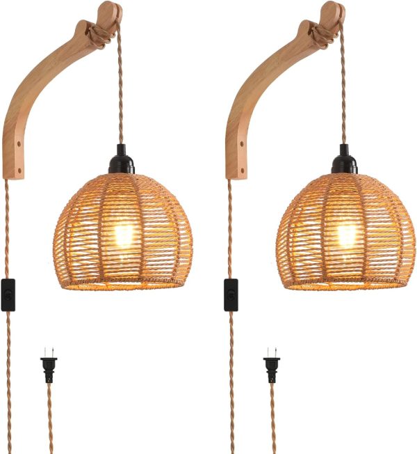 Plug in Wall Sconce,Farmhouse Wicker Wall Lamp Plug in,Hand ...