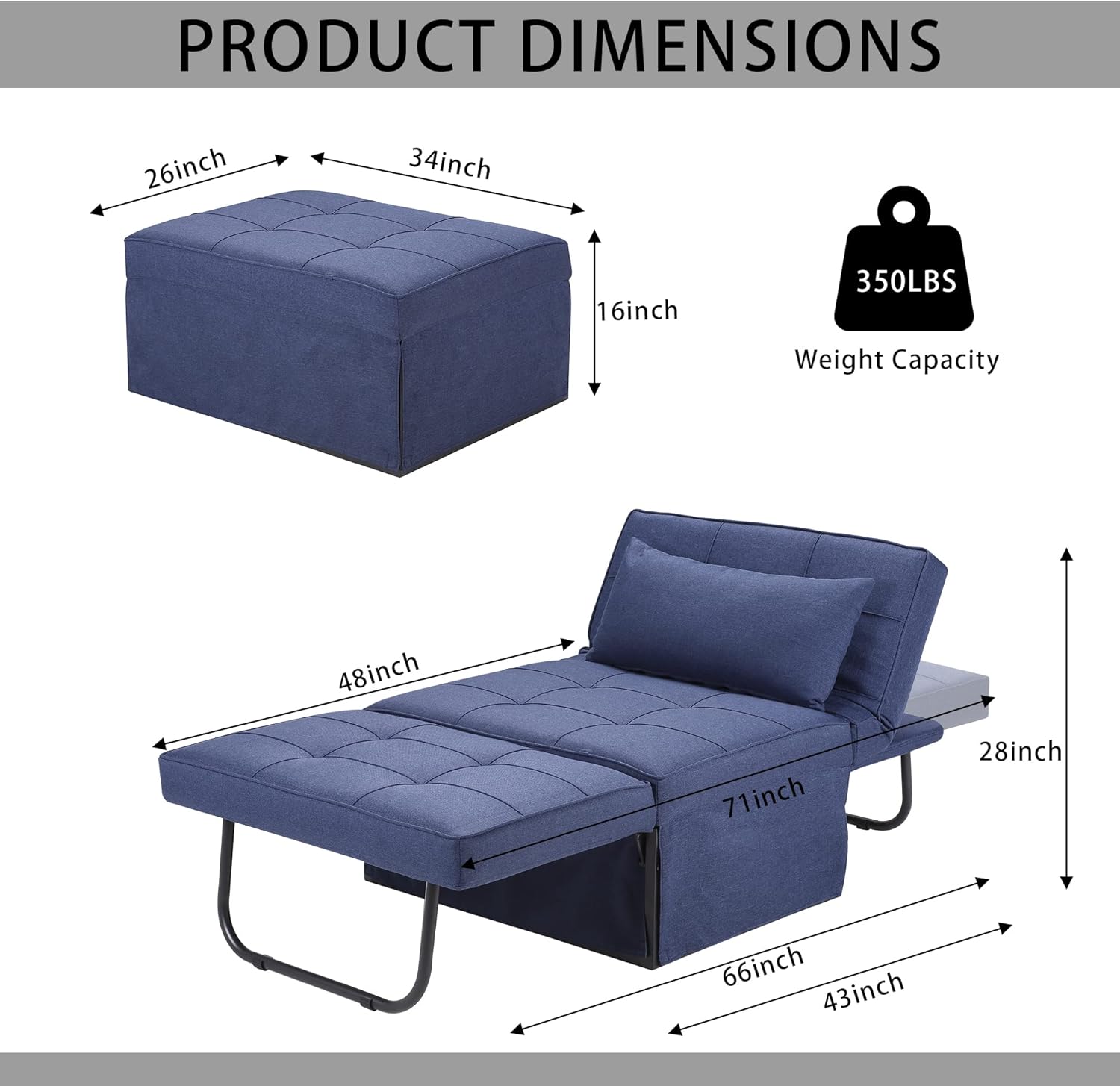 Sofa Bed, 4 in 1 Multi-Function Folding Ottoman Breathable L…
