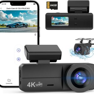 4K Dash Cam Front and Rear, WiFi Dash Cam with 64GB Card, 4K...