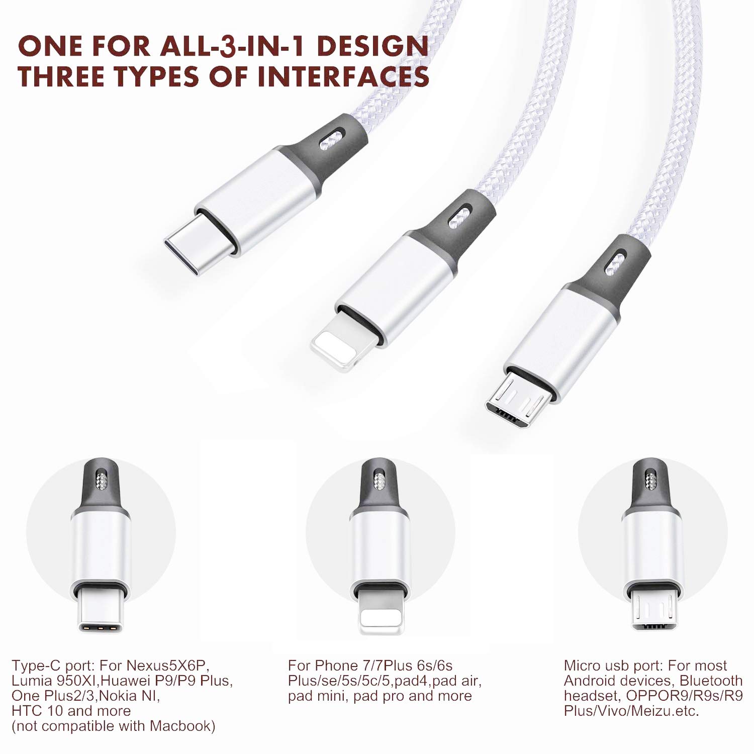 Multi USB Charging Cable 3A, 3 in 1 Fast Charger Cord Connec…