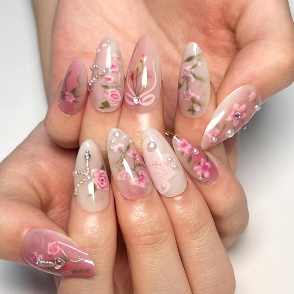 KQueenest Blossom Press on Nails Short Medium Almond Fake Na... - Image 3