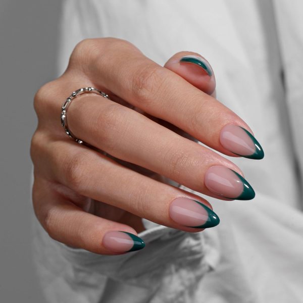 KQueenest Dark Green French Tip Press On Nails Short Almond,... - Image 2