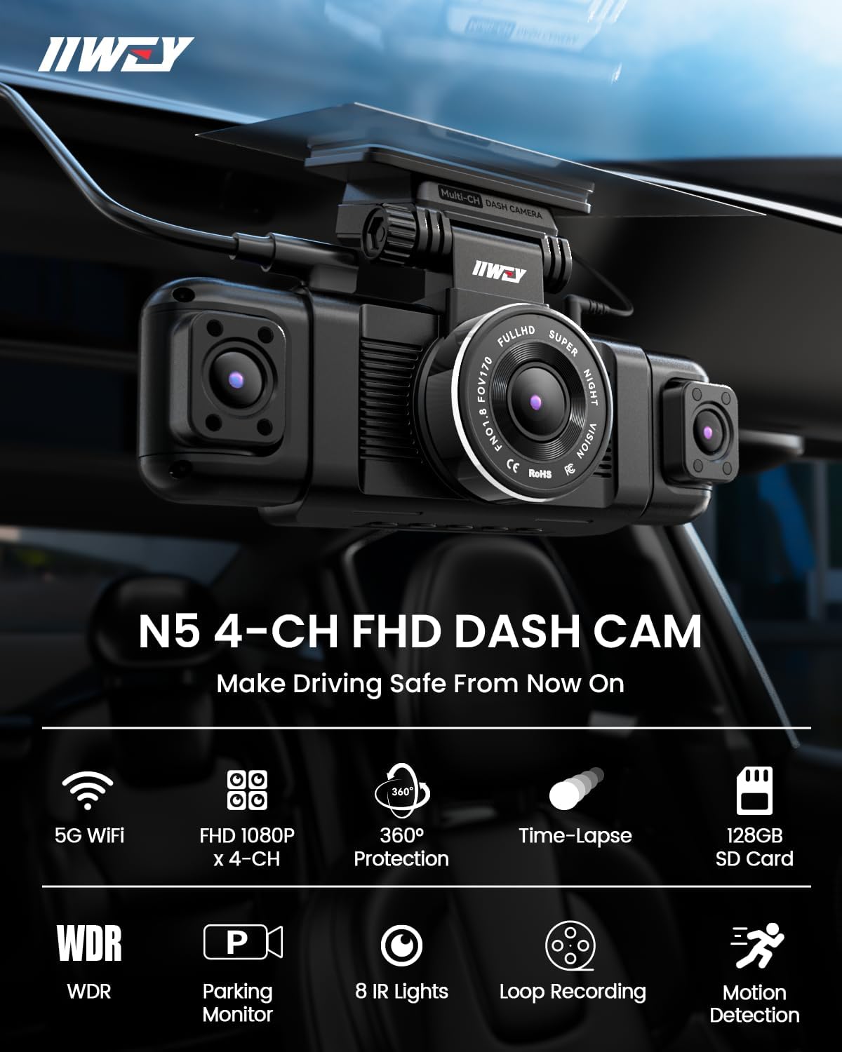 IIWEY N5 4 Channel Dash Cam, 360° All-Sides View, FHD 1080P …