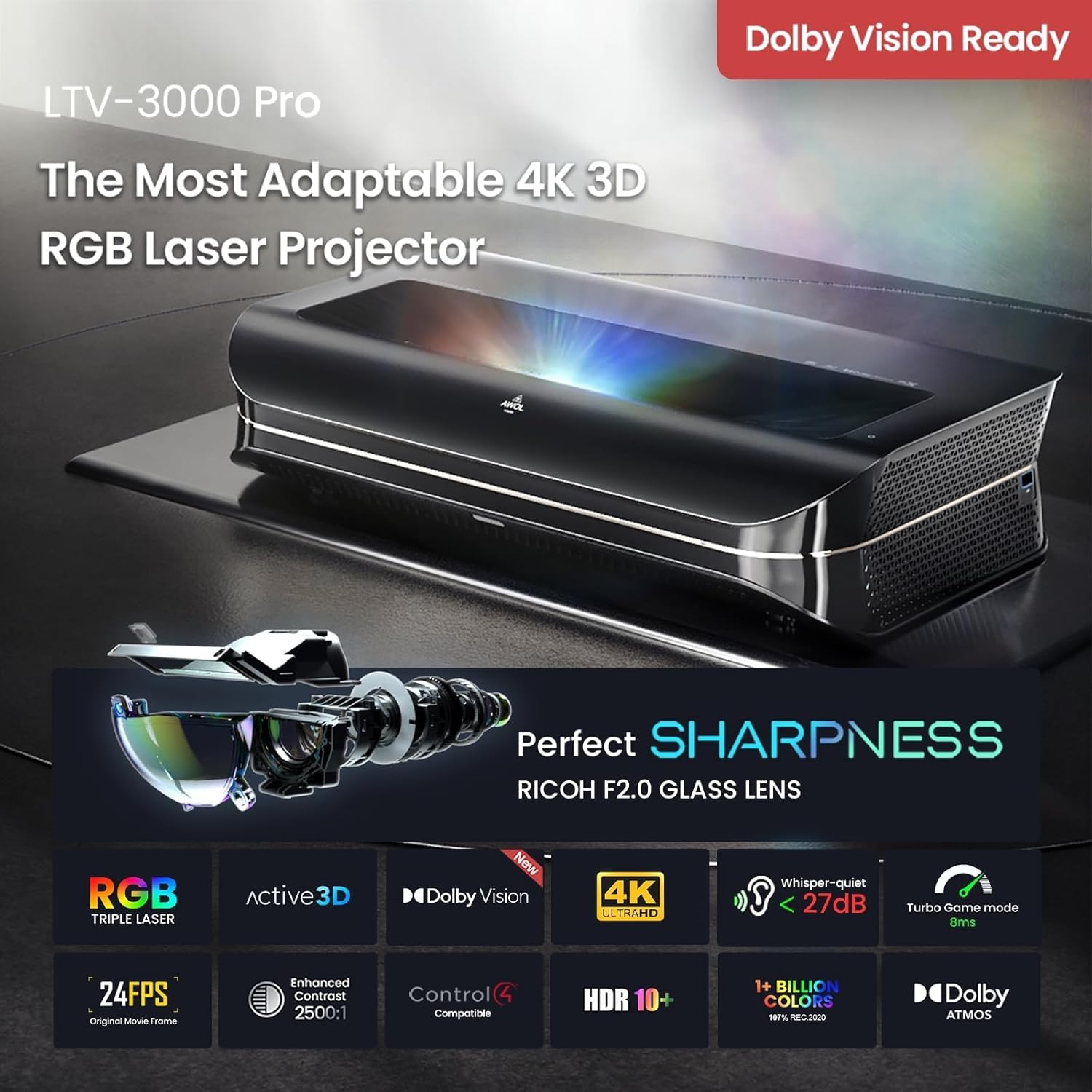 AWOL VISION LTV-3000 Pro 4K 3D Ultra Short Throw Triple Lase…
