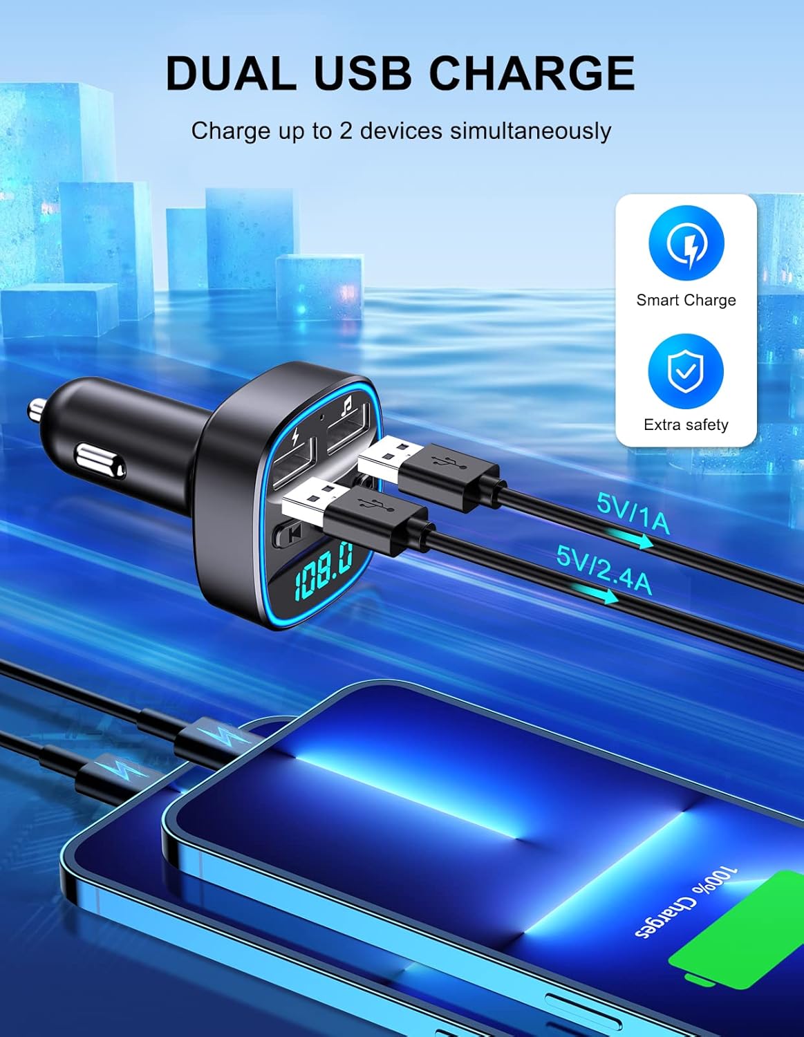 TEUMI Bluetooth 5.3 FM Transmitter for Car, Blue Ambient Lig…