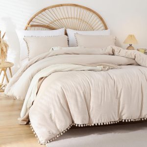 YIKUSH Queen Comforter Set Beige Comforter Set with Ball Pom...
