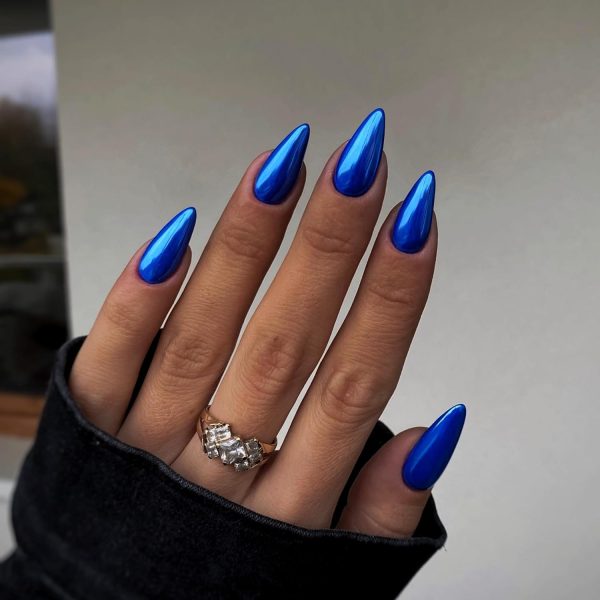 Royal Blue Chrome Press on Nails Medium Almond,KQueenest Mir... - Image 2