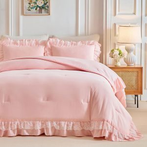 Joyreap King Size Comforter Set Blush Pink, 3pcs Lace Ruffle...