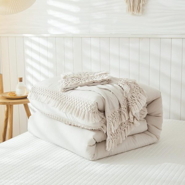 Boho Tassel Comforter Set Queen Beige Grey Tassel Comforter ... - Image 5