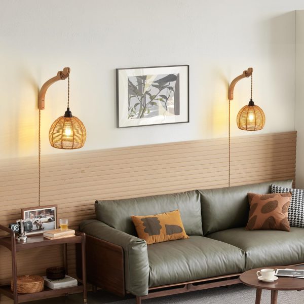 Plug in Wall Sconce,Farmhouse Wicker Wall Lamp Plug in,Hand ... - Image 5
