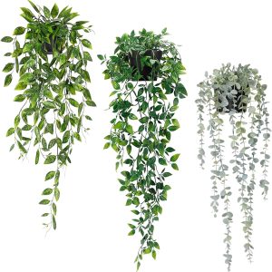 Artificial Hanging Plants 3Pcs Potted Greenery Decor - Grey ...