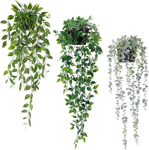 Artificial Hanging Plants 3Pcs Potted Greenery Decor - Grey ...