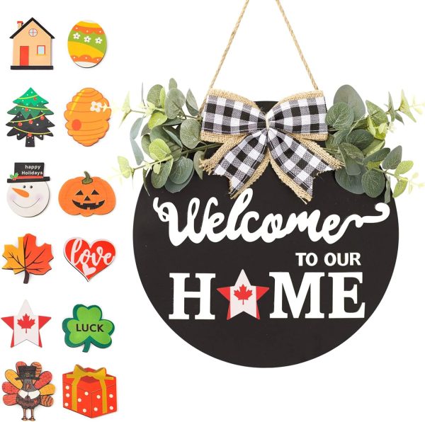 SWITTE 12 Interchangeable Seasonal Welcome Wreaths Sign Home...