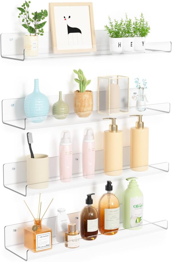 upsimples Clear Acrylic Shelves for Storage, 15" Floating Sh...