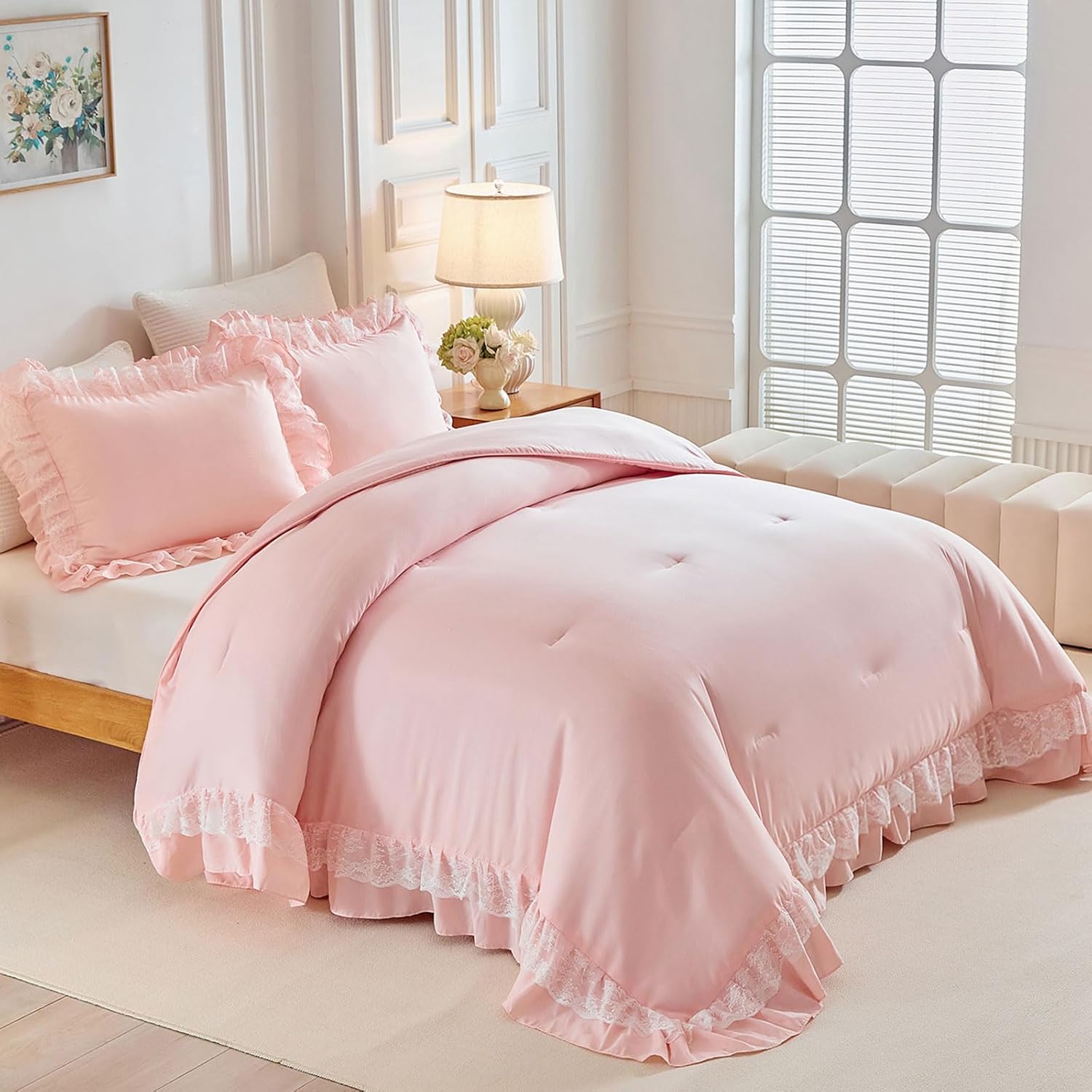 Joyreap King Size Comforter Set Blush Pink, 3pcs Lace Ruffle…