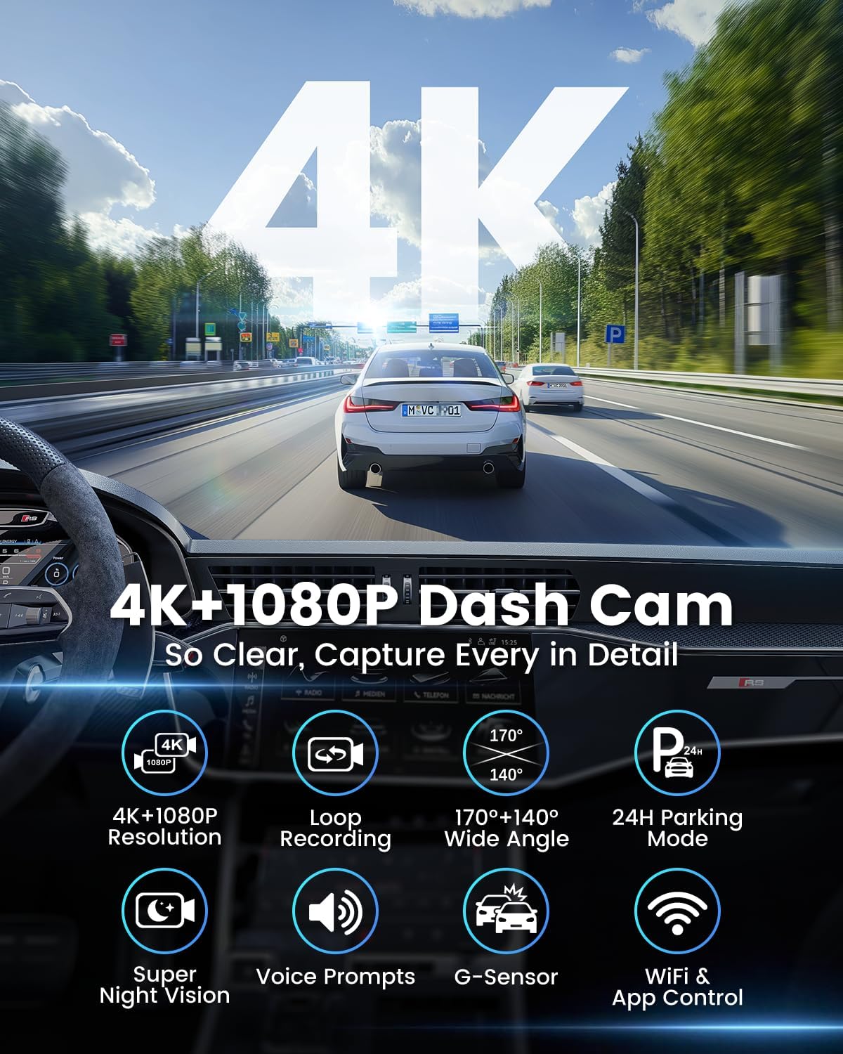 Dash Cam Front and Rear 4K, WiFi Dash Camera for Cars with A…