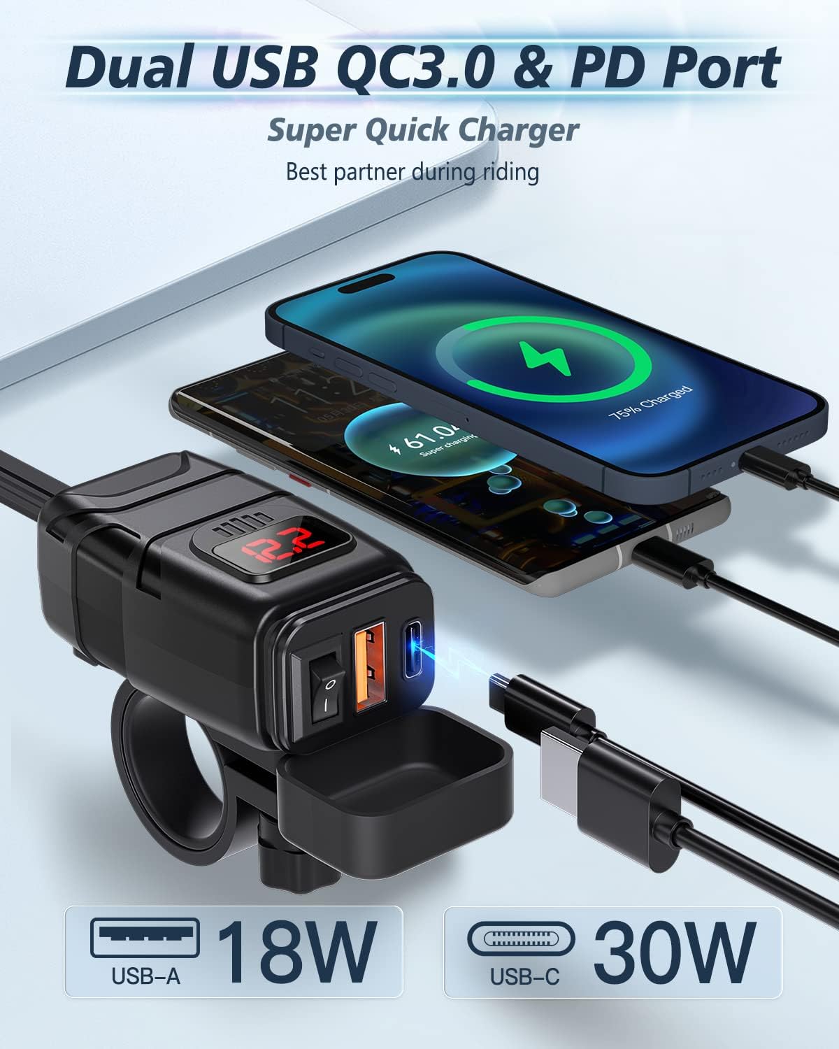EXTRACTME Motorcycle Phone Charger, 6.4A Dual USB Type C PD …